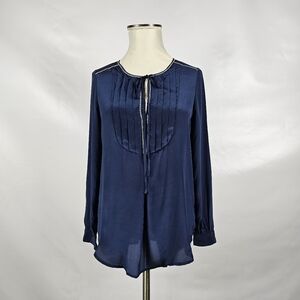 4 Love & Liberty Johnny Was Silk Pintuck Keyhole Top Blouse Tunic S Navy